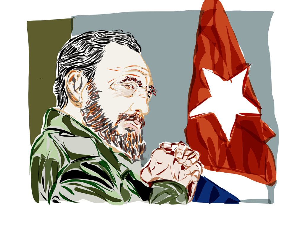 Un'illustrazione di Casto con la bandiera di Cuba