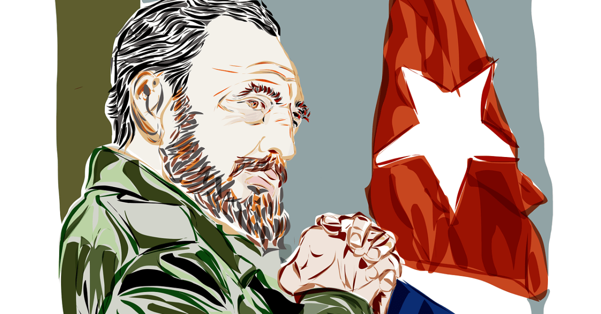 Un'illustrazione di Casto con la bandiera di Cuba